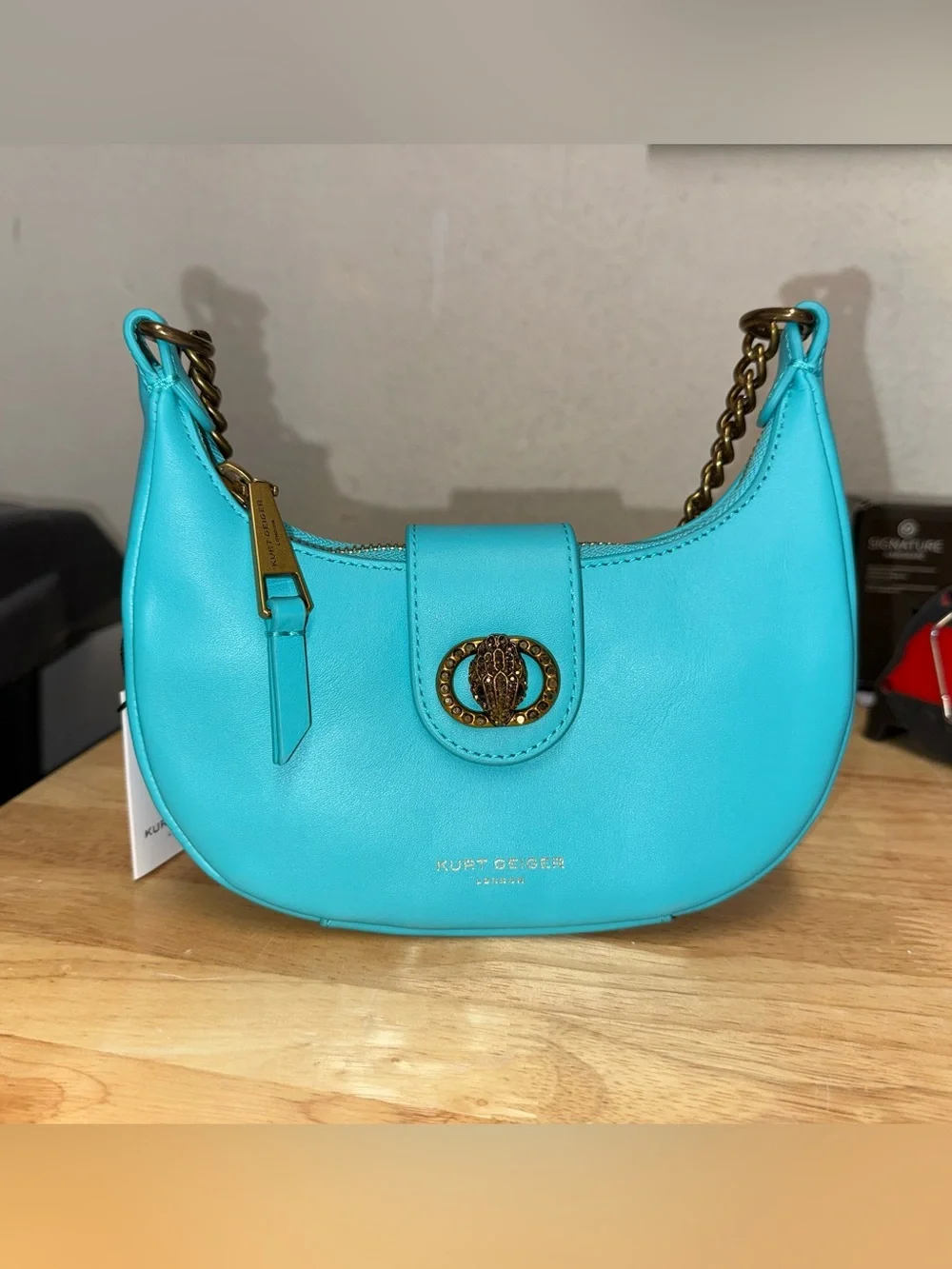 Kurt Geiger Small Chelsea Hobo Bag - Turquoise with Gold Chain